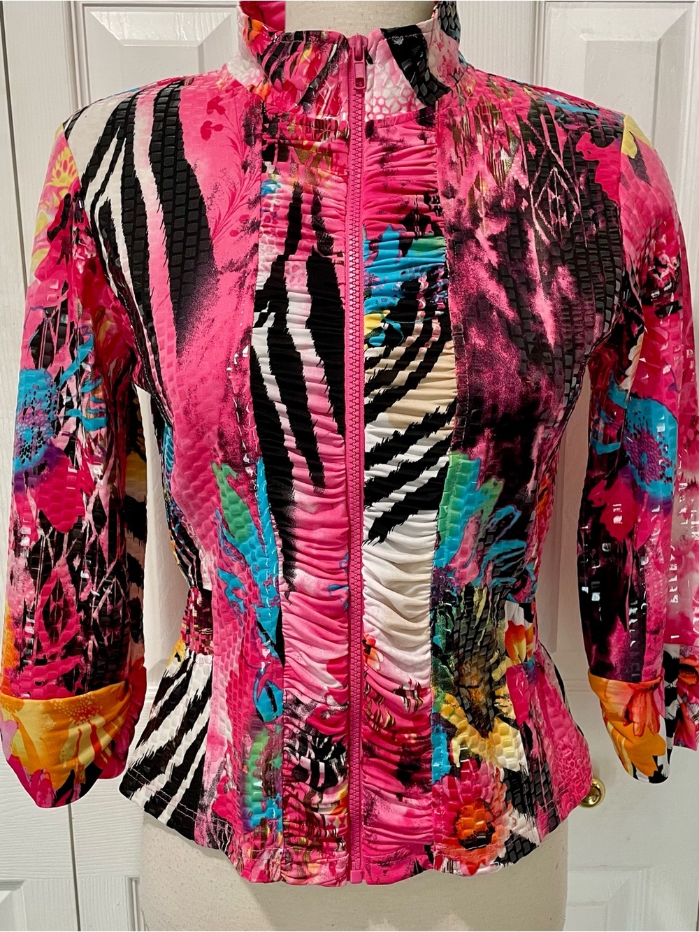 80s Erin London Bright Pink Multi-Print Zip Front Jacket